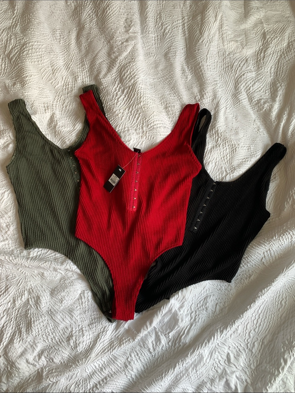 Urban Heritage Ribbed Snap-Front Bodysuit Trio — Red, Olive, Black